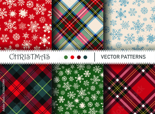 Seamless vector plaid patterns. Set of Christmas tartan gingham patterns. Collection of happy new year traditional backgrounds. For packaging, fabric, textile, cover etc.