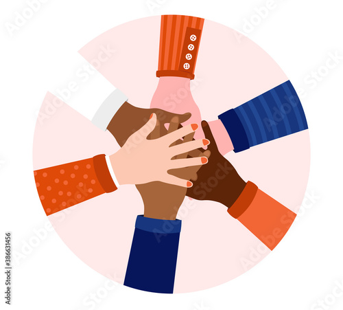 Diversity hands in circle - Oval illustration of diverse hands. All for one and unity concept. Vector format.