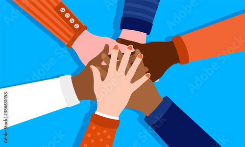 Workplace diversity - Team of diverse people putting their hands together. Hands of different colour vector illustration.