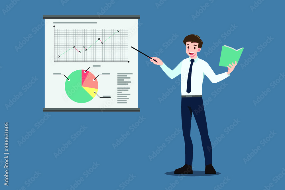 Businessman pointing to the screen for educate, presentation, meeting, conference, mentor, coach on seminar, annual report training concept. Business company briefing and discussion analysis.