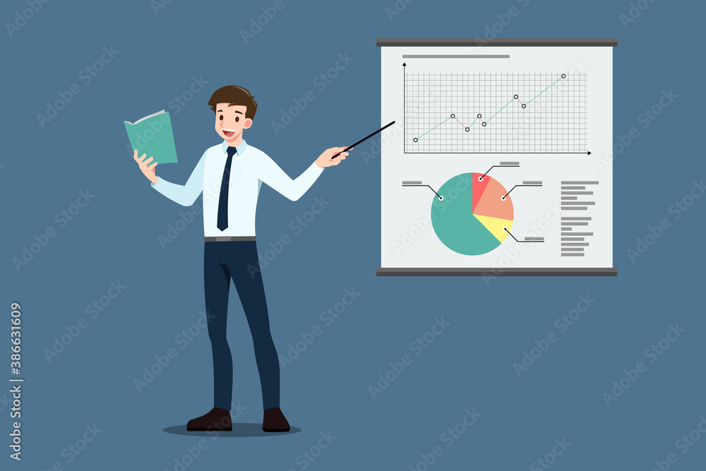 Fototapeta premium Businessman pointing to the screen for educate, presentation, meeting, conference, mentor, coach on seminar, annual report training concept. Business company briefing and discussion analysis.
