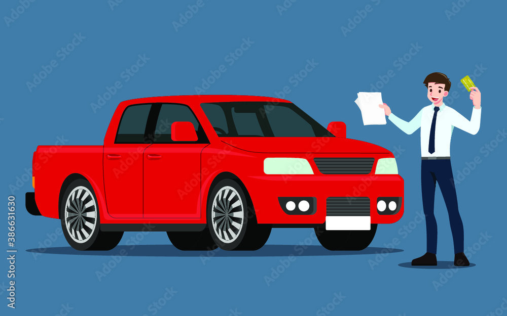 A happy businessman, salesman is standing and present his vehicles for sell or rent that parked in the shop with document. Business people or car dealer, show his new pick-up truck in show room. A happy businessman, salesman is standing and present his vehicles for sell or rent that parked in the shop with document. Business people or car dealer, show his new pick-up truck in show room.