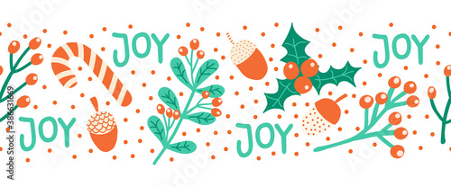 Seamless Christmas border hand drawn vector illustration candy cane, mistletoe, nut, joy lettering. Decorative horizontal repeating Winter holiday art for greeting card decor, banner, ribbon, footer