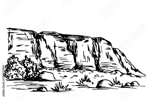 Hand-drawn vector drawing in engraving style. Rocky mountain landscape. Desert area, wilderness. Nature, tourism, travel.