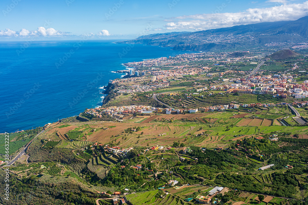 Aerial view of the northeast coast of Tenerife on a sunny day. Canary Islands.