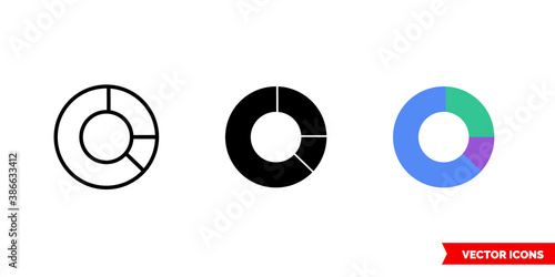Doughnut chart icon of 3 types color, black and white, outline. Isolated vector sign symbol.