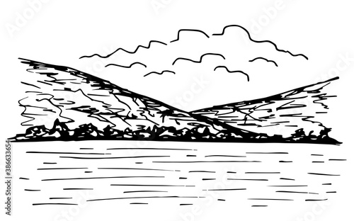 Hand-drawn black and white vector drawing in engraving style. Rocky coast, island, mountain seascape. Coastal strip, calm, clouds. Nature, tourism, travel.