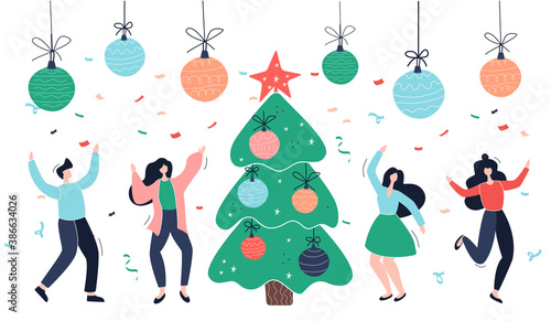 Happy business people at a corporate party celebrate Christmas and New Year 2021. funny people dancing and having fun. Set of modern vector symbols.