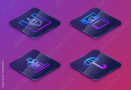 Set Isometric line Coffin in grave, Grave with tombstone, Crematorium and Umbrella. Blue square button. Vector.