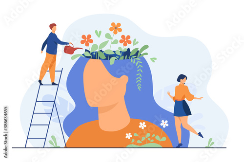 Tiny people and beautiful flower garden inside female head isolated flat vector illustration. Cartoon characters healing mind and soul for happy lifestyle. Mental health and infographics concept