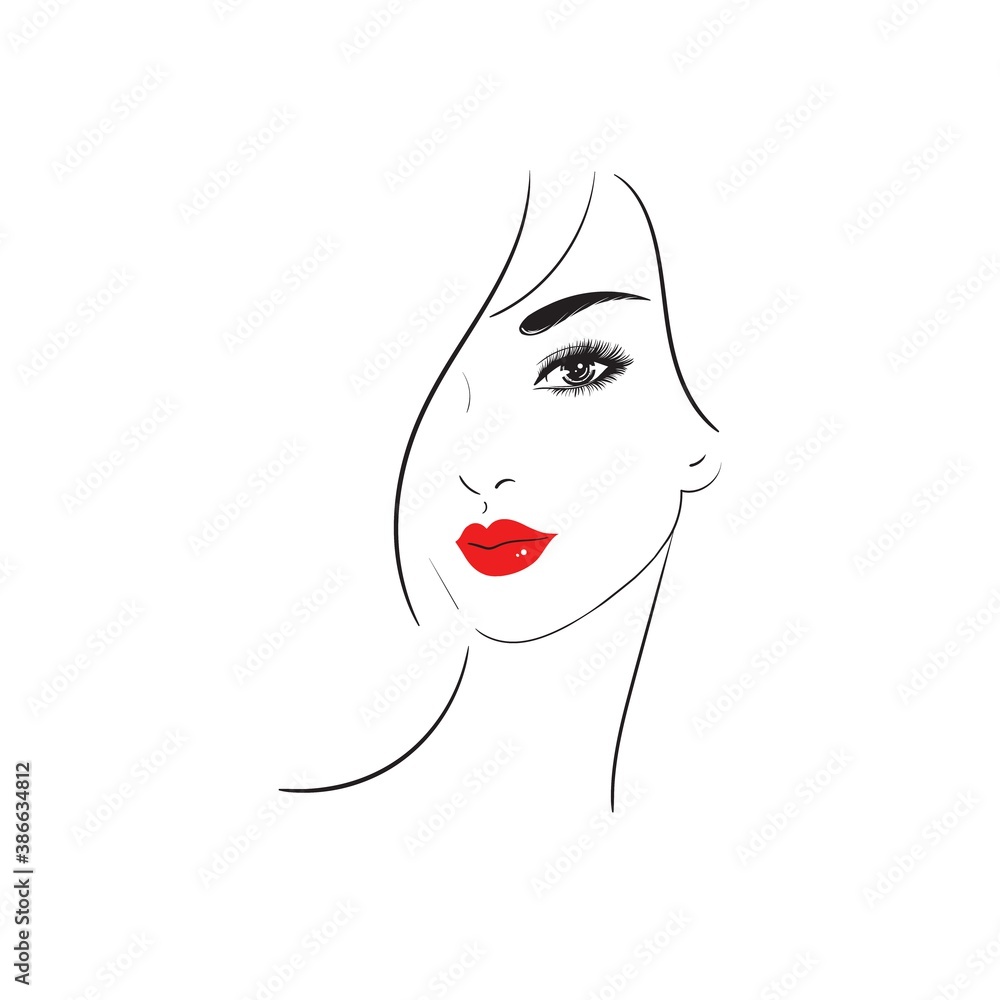 Beautiful woman face beauty. Woman with red lips.Logo for the cosmetic industry.Beauty concept. Vector Stock illustration.Fashion sketch isolated on white background. Beautiful woman face beauty. Woman with red lips.Logo for the cosmetic industry.Beauty concept. Vector Stock illustration.Fashion sketch isolated on white background.