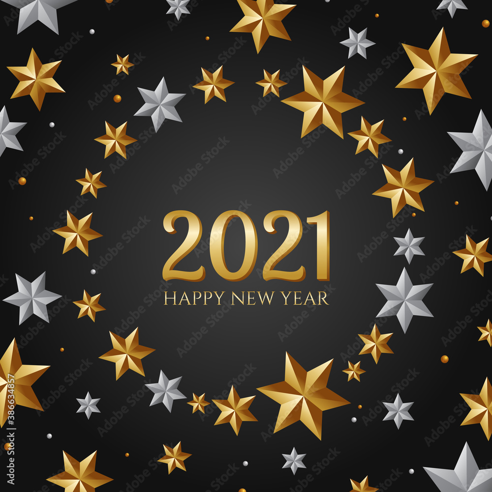 Happy new year 2021 greeting card design. Modern vector design decorated with gold and silver stars template. Happy new year 2021 greeting card design. Modern vector design decorated with gold and silver stars template.