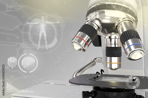 Medical discovery concept, laboratory hi-tech scientific microscope on colorful overlay background - medical 3D illustration
