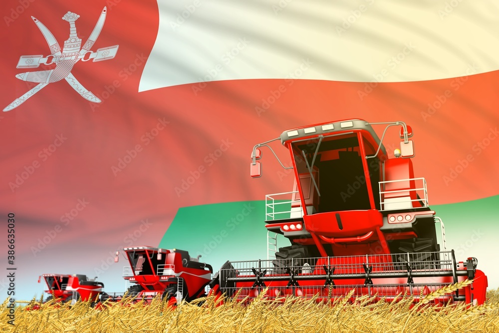Obraz premium red rural agricultural combine harvester on field with Oman flag background, food industry concept - industrial 3D illustration