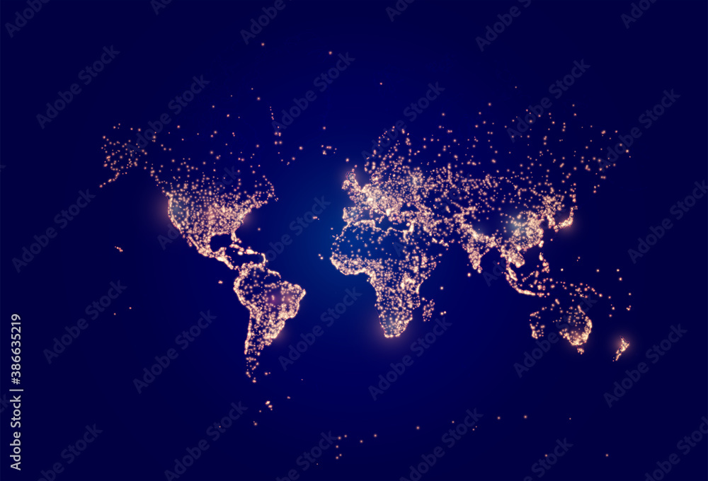 Earth night map. Vector illustration of cities lights from space. Dark globe map for Earth day