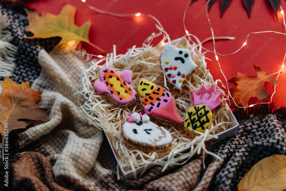 Halloween concept with cookies on colorful background