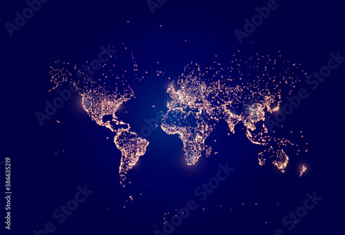 Earth night map. Vector illustration of cities lights from space. Dark globe map for Earth day