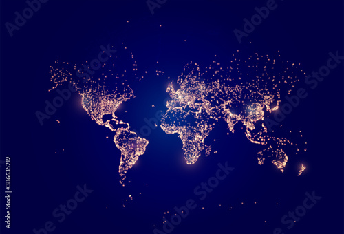 Obraz na płótnie Earth night map. Vector illustration of cities lights from space. Dark globe map for Earth day w salonie