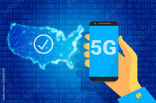 5G network - next generation wireless internet connection. 5g text on background of a USA map. Phone in hand. vector background