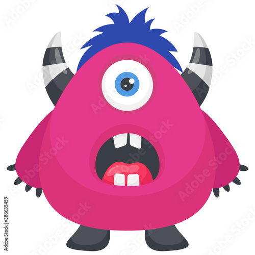 
A one eyed red monster with small horns on head and open mouth, furry fuzzy monster 
