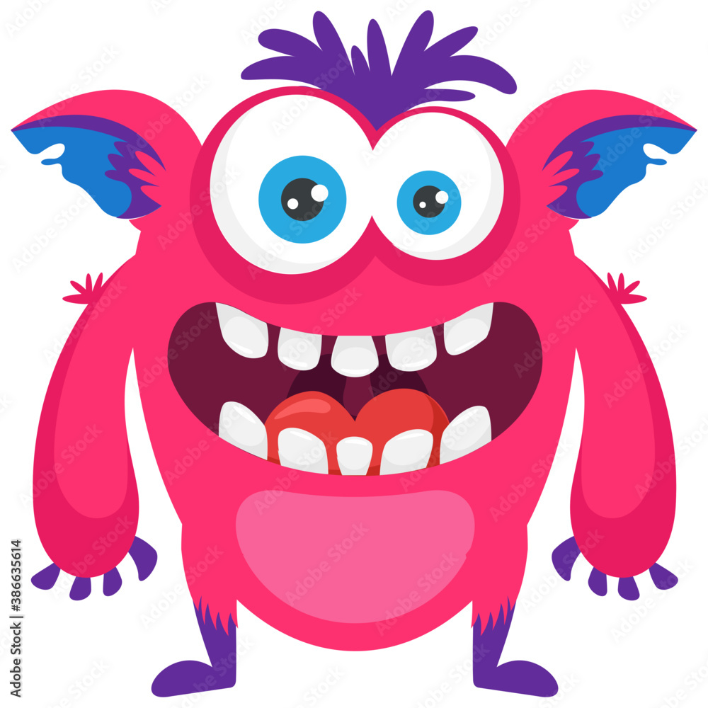 Fototapeta premium A one eyed red monster with small horns on head and open mouth, furry fuzzy monster