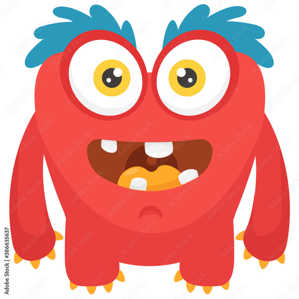 
A one eyed red monster with small horns on head and open mouth, furry fuzzy monster 
