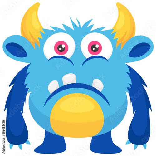 
A horrible faced blue monster with bulging eyes and folded sharp horns, horned monster 
