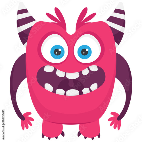 
A one eyed red monster with small horns on head and open mouth, furry fuzzy monster 
