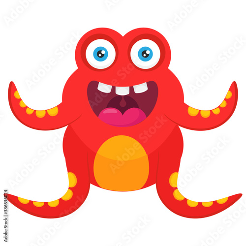 
A one eyed red monster with small horns on head and open mouth, furry fuzzy monster 
