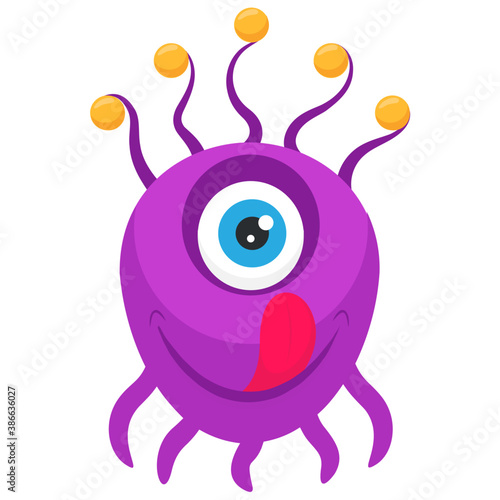 
A small horrifying creature with bulging eyes, horns and up hands representing alien victory monster 

