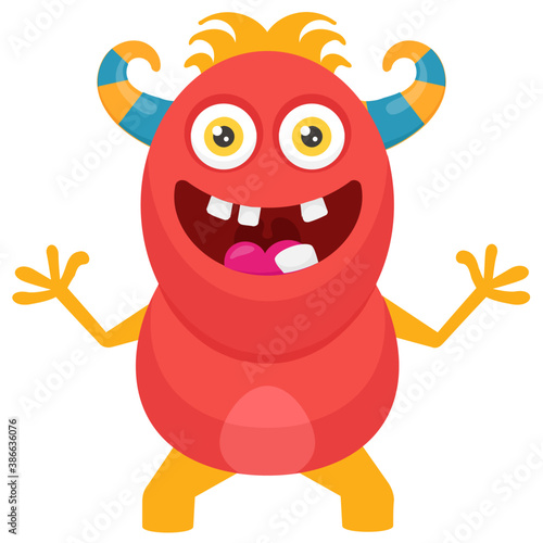 
A one eyed red monster with small horns on head and open mouth, furry fuzzy monster 
