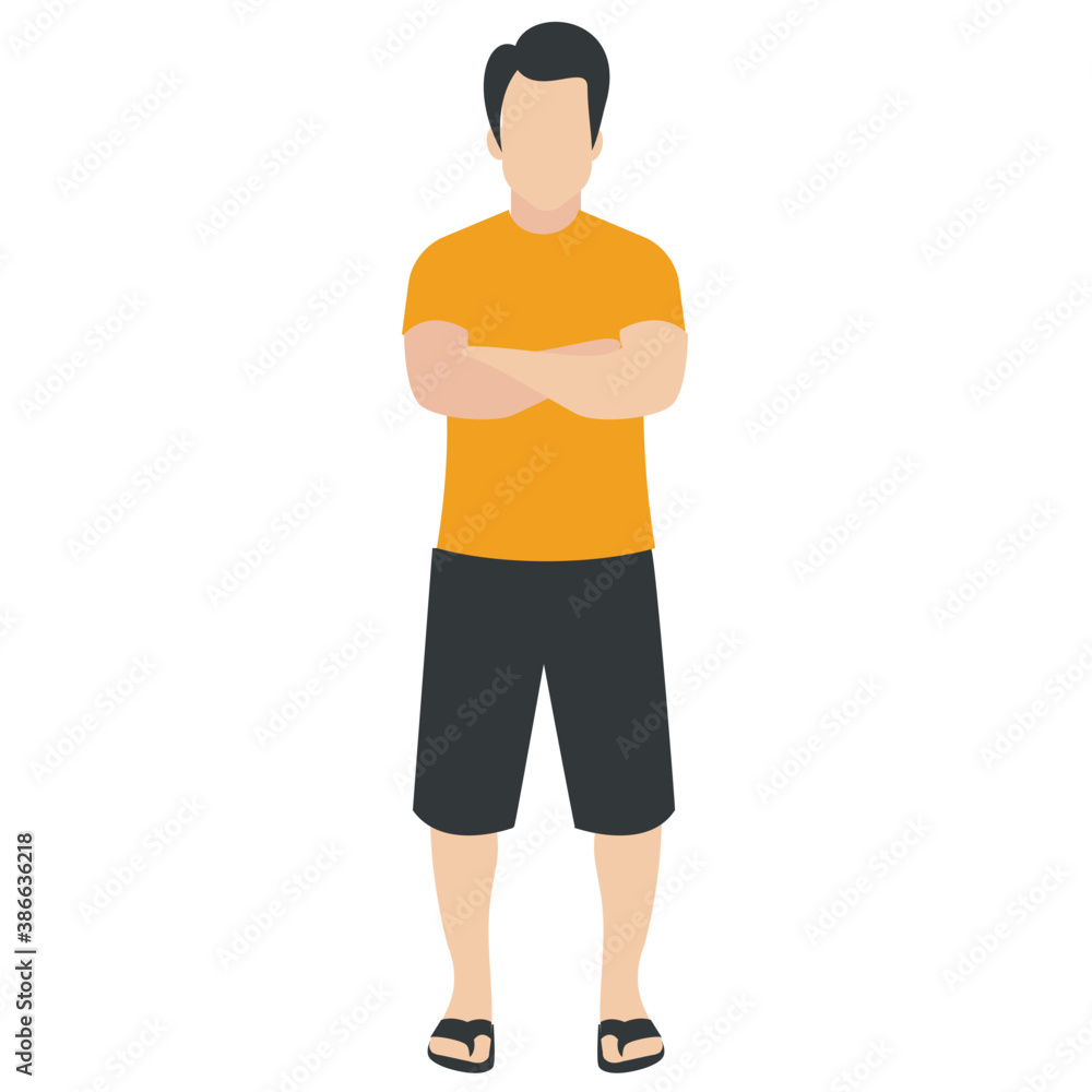 
Man in summer outfit with half sleeves t-shirt and pants with akimbo gesture 
