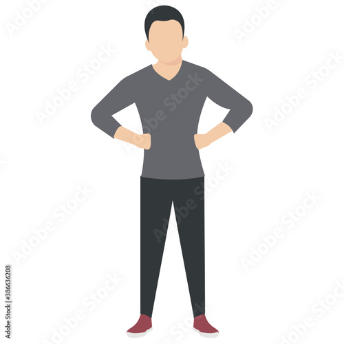  Man standing in casual sweatshirt and pajamas with hands akimbo, denoting tired man character   © Vectors Market