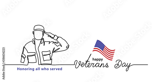 Veterans day minimalist vector banner, poster, background with american soldier outline. One continuous line drawing with lettering happy Veterans day.
