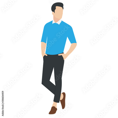  Man in summer outfit with half sleeves t-shirt and pants with akimbo gesture 