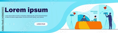 TV show shooting with film crew and backstage. News anchors talking to each other, posing for camera in studio. Vector illustration for breaking news, broadcasting, reporters concept