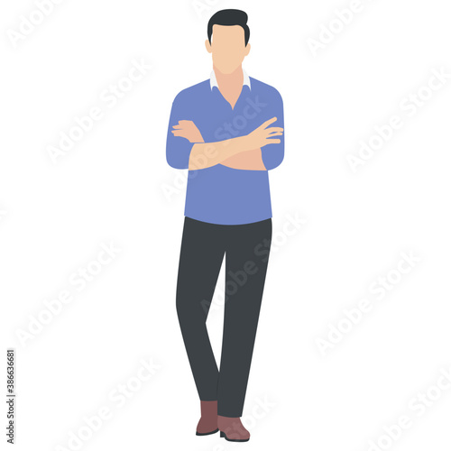 
Man standing with side pose and arms folded showing gesture of thinking 
