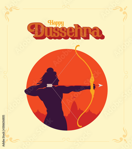 Happy Dussehra text with an illustration of Lord Rama bow arrow and temple background for Indian festival Dussehra.
