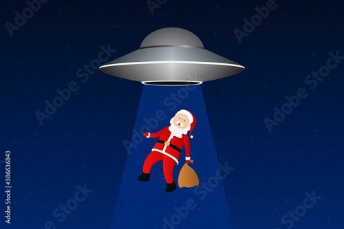 UFO abducting Santa Claus. Cartoon. Vector illustration.