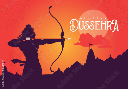 Happy Dussehra text with an illustration of Lord Rama bow arrow and temple background for Indian festival Dussehra.
