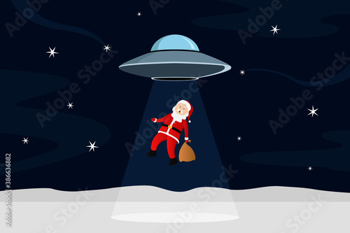 UFO abducting Santa Claus. Vector illustration.