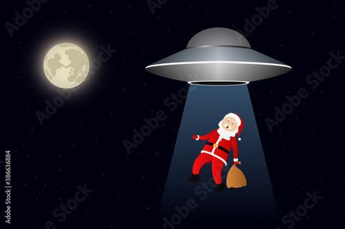 Flying saucer abducting Santa Claus. Cartoon. Vector illustration.