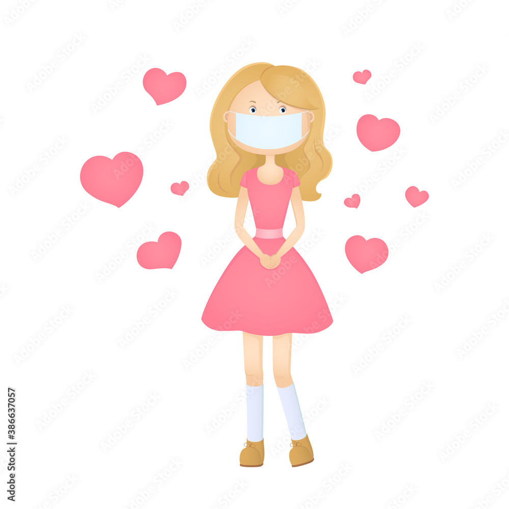 Girl in face mask and pink dress. Cartoon. Vector illustration. Girl in face mask and pink dress. Cartoon. Vector illustration.