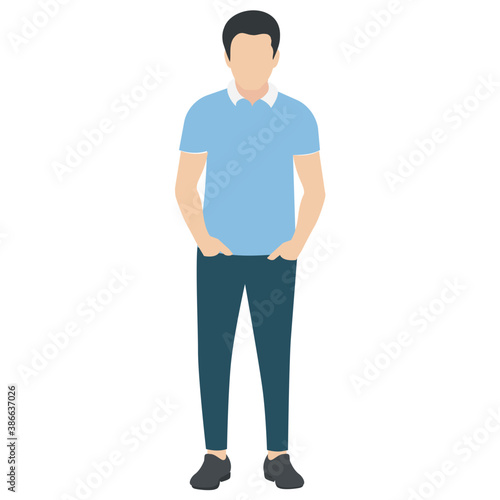 
A guy stylishly dressed up wearing denim upper, shoes and t shirt with chino jeans, looking away and presenting walking gesture 
