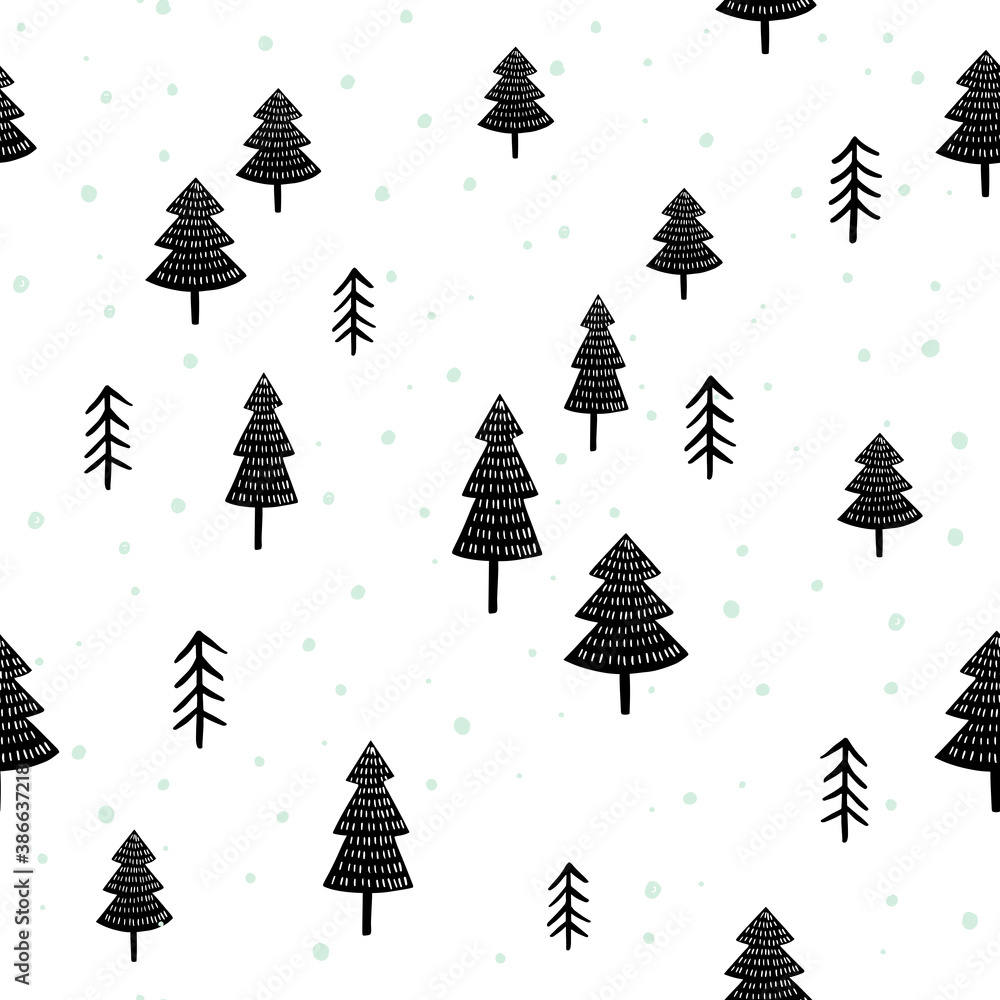 Scandinavian forest vector pattern. Winter woodland seaamless design in black and white with hand drawn trees.