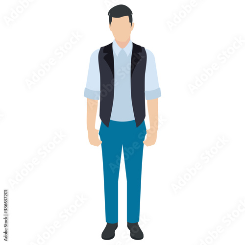 
A guy stylishly dressed up wearing denim upper, shoes and t shirt with chino jeans, looking away and presenting walking gesture 
