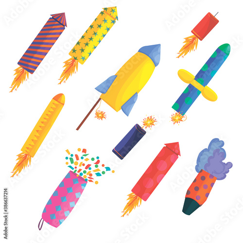 flying rockets and fireworks multicolored icons isolated on white background. festive salute vector. smoke firecracker, chinese fireworks, rocket, firecracker