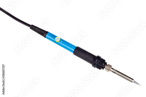 Hand tool soldering iron with the blue handle.
