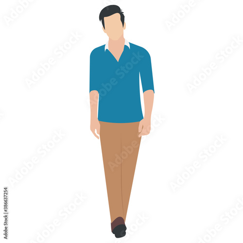 
A guy stylishly dressed up wearing denim upper, shoes and t shirt with chino jeans, looking away and presenting walking gesture 
