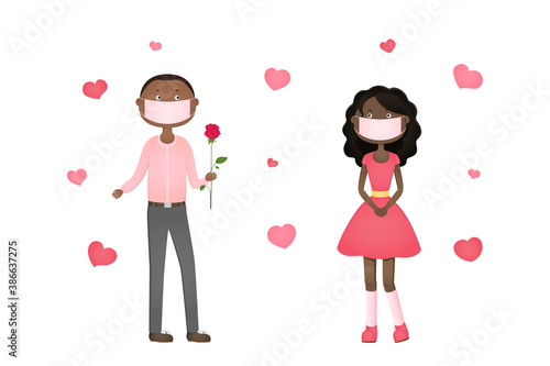 African boy in face mask give girl a flower. Valentines Day 2021. Vector illustration.